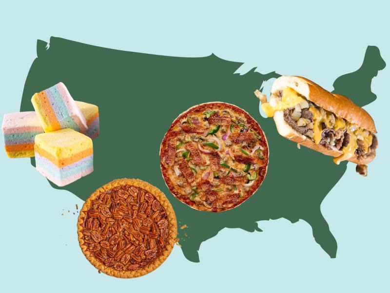 US map with various local foods in different areas