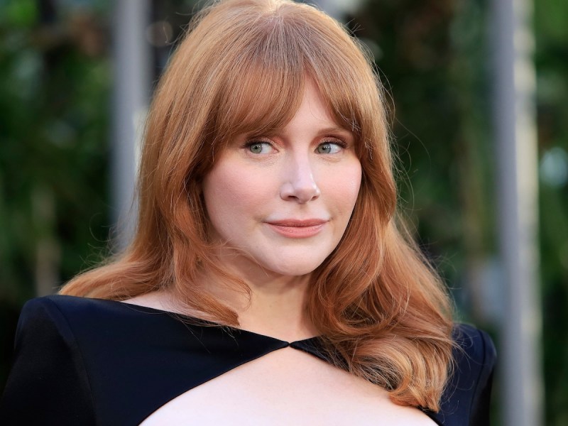 close up of Bryce Dallas Howard with a small smile with even split bangs