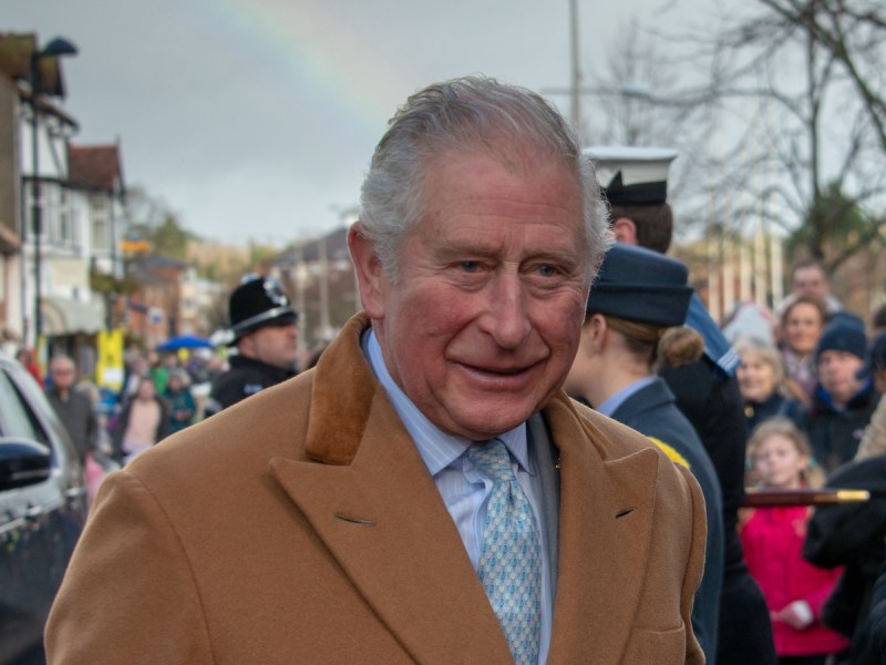 King Charles smiling in a crowd wearing a tan coat