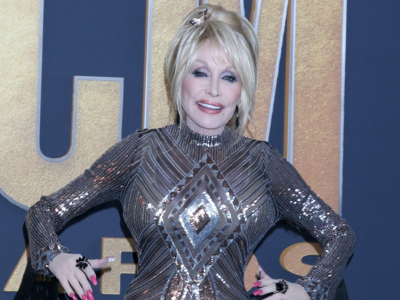 Dolly Parton posing in silver dress