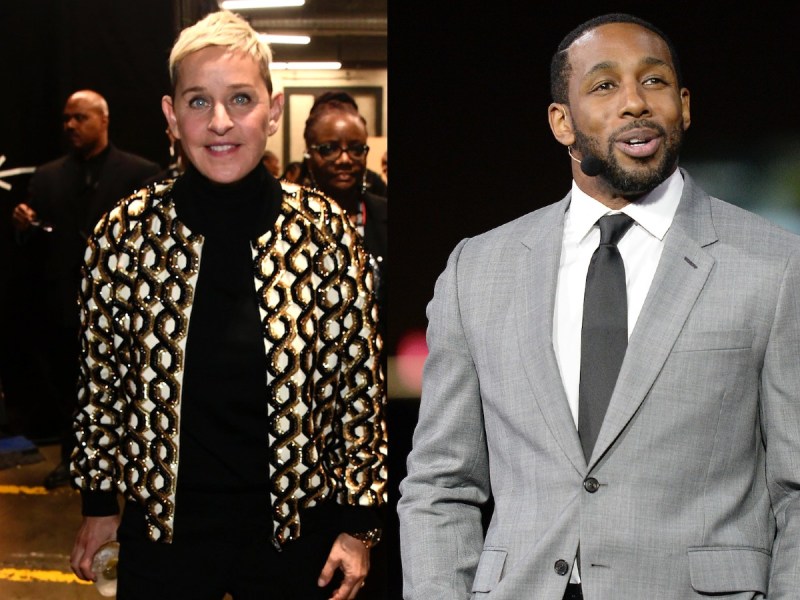 Ellen Degeneres (L) in black and gold sweater and DJ tWitch in gray suit