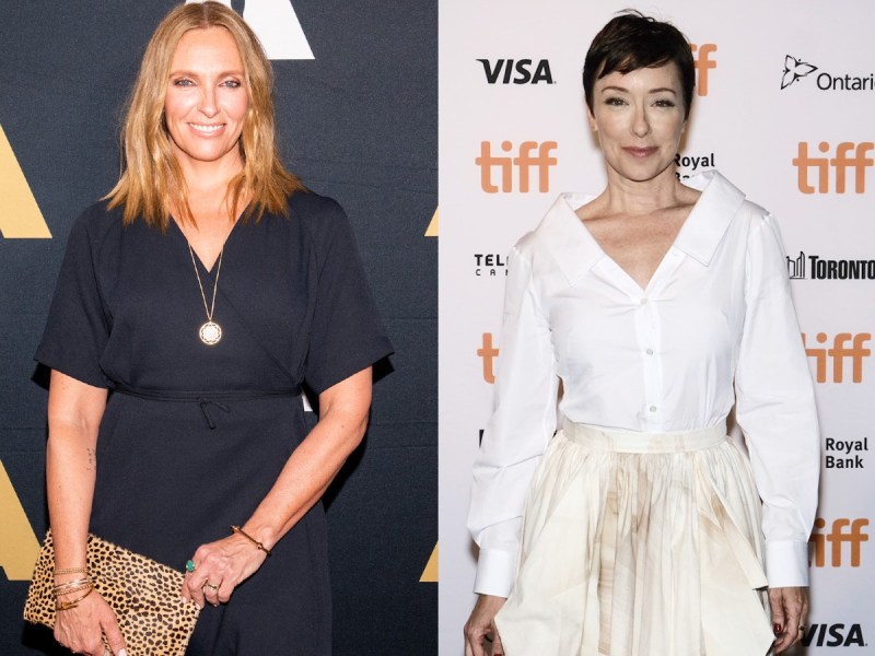 Split image (L): Toni Collette in black dress (R): Molly Parker in white outfit