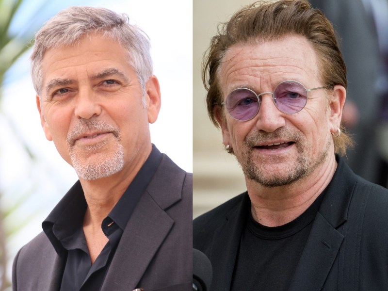 Split image (L) closeup of George Clooney (R) Bono in closeup image