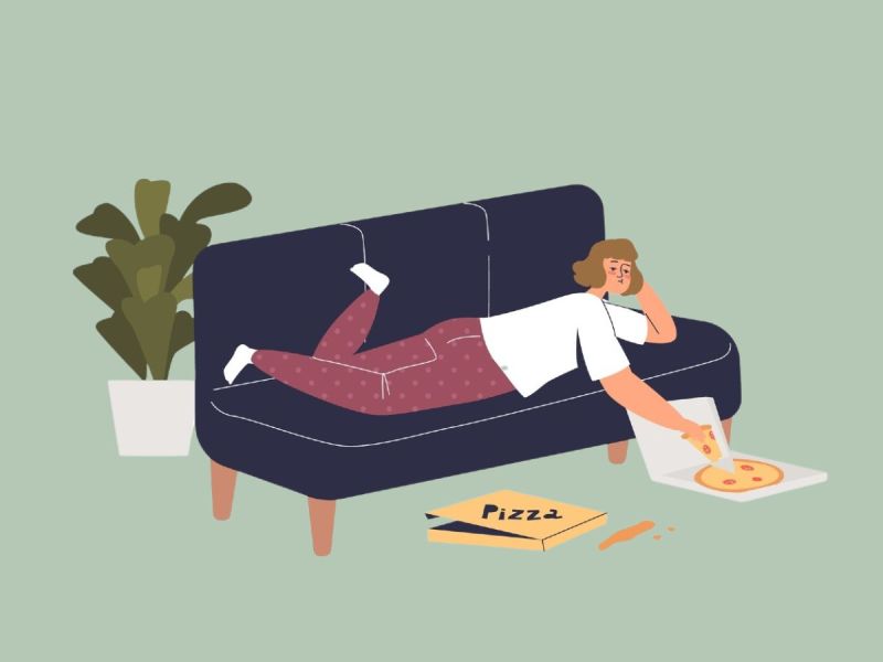 Illustration of a woman lying on her stomach on a couch eating pizza