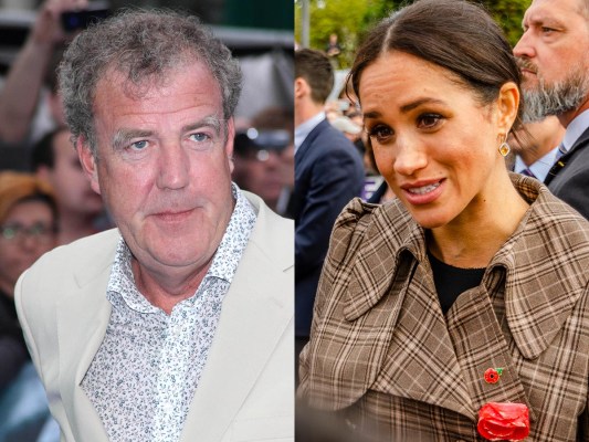 Side by side photos, Jeremy Clarkson in white on the left, Meghan Markle in tan on the right.