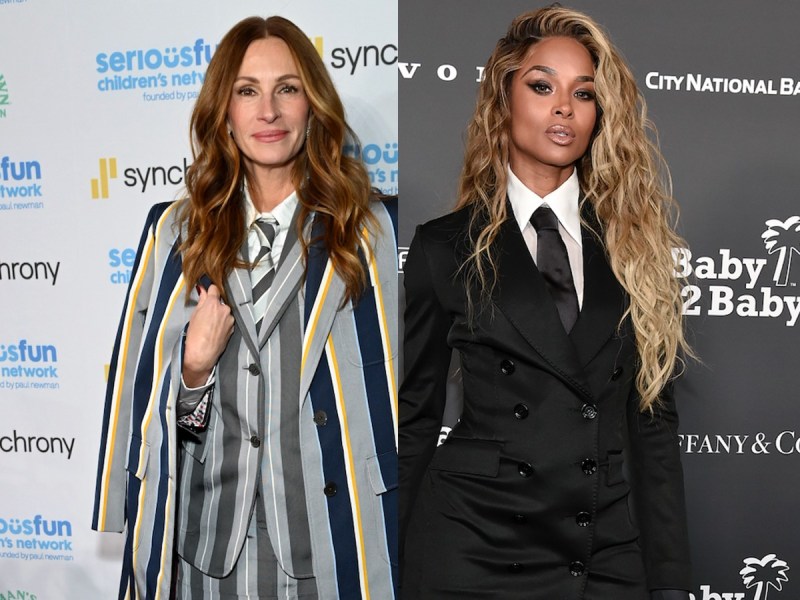 Split image of Julia Roberts (L) in striped suit and Ciara in black suit and tie