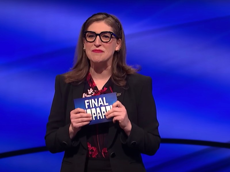 screenshot of Mayim Bialik hosting Jeopardy in the final round