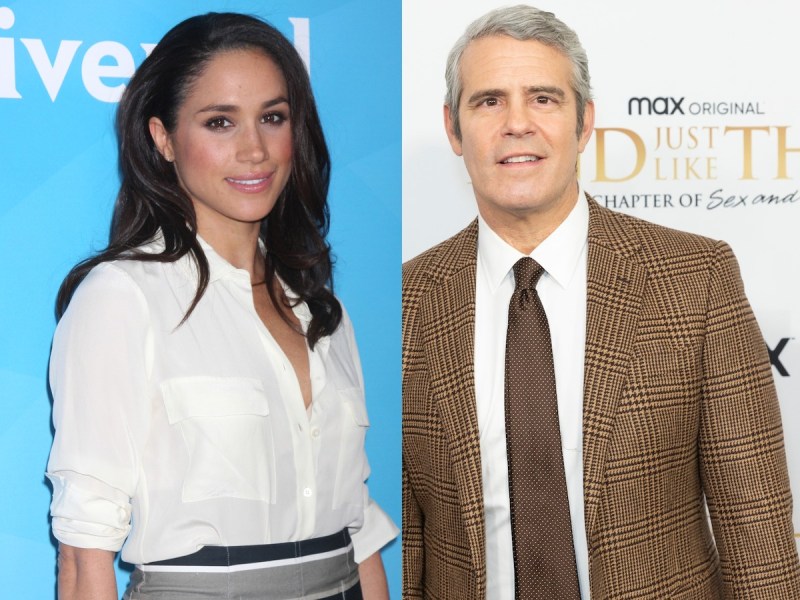 split image (L) Meghan Markle in white top against bright blue backdrop (R) Andy Cohen in brown suit and tie against white backdrop