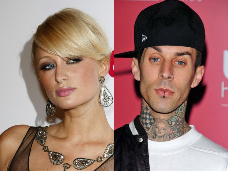 side by side closeups of Paris Hilton with silver jewelry on and Travis Barker with a black fitted hat