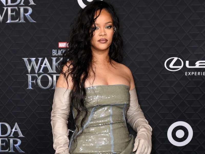 Rihanna poses in gray dress with matching gloves against black backdrop