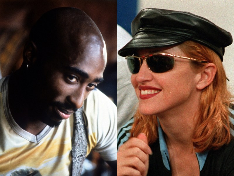 side by side headshots of Tupac Shakur and Madonna in the '90s