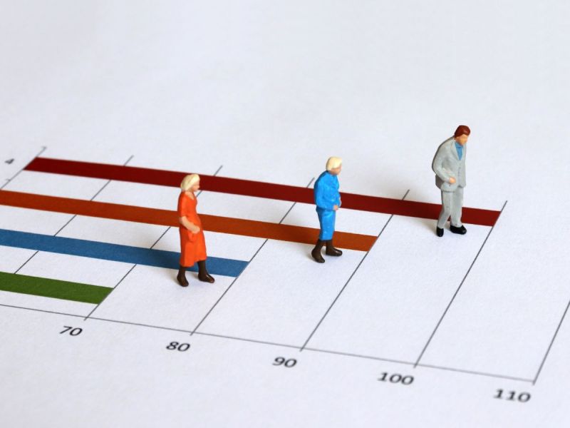 Miniature people walking on life expectancy chart at different rates