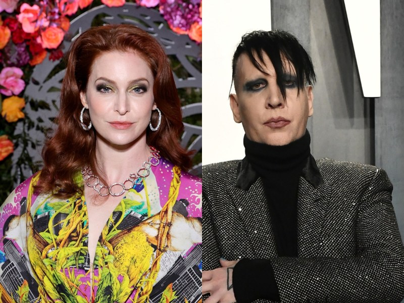 side by side close ups of Esme Bianco smiling in a colorful blouse and Marilyn Manson looking unhappy in a grey coat