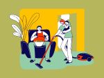 Illustration of woman holding baby and vacuuming while man sits on couch
