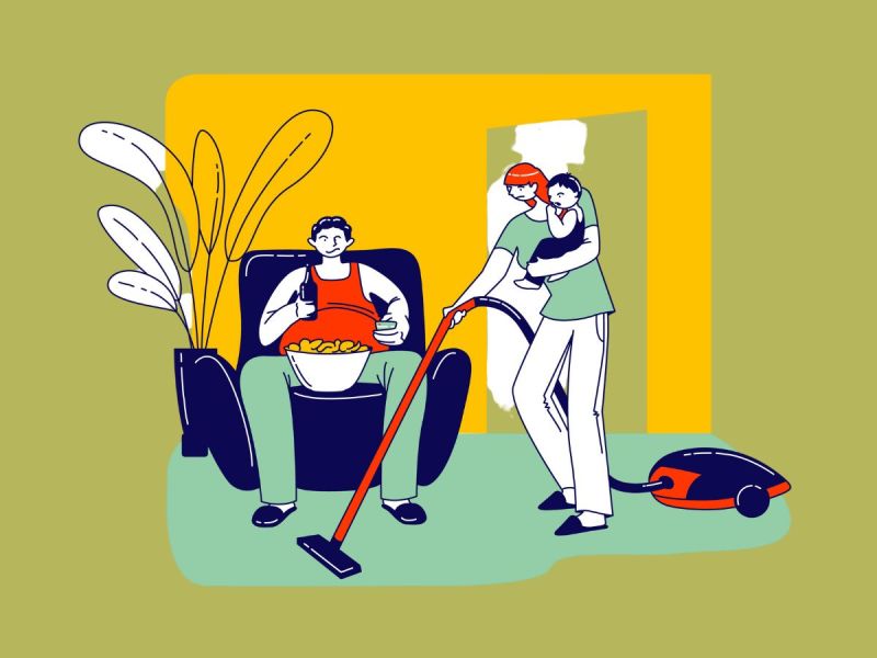 Illustration of woman holding baby and vacuuming while man sits on couch