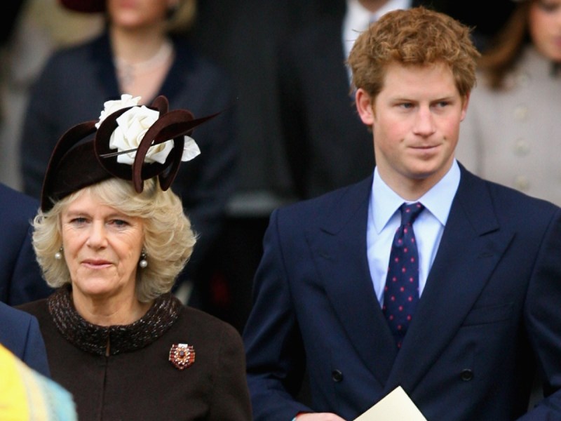 (L-R): Camilla Parker Bowles in brown outfit standing next to a young Prince Harry, who is wearing a navy blue suit and tie