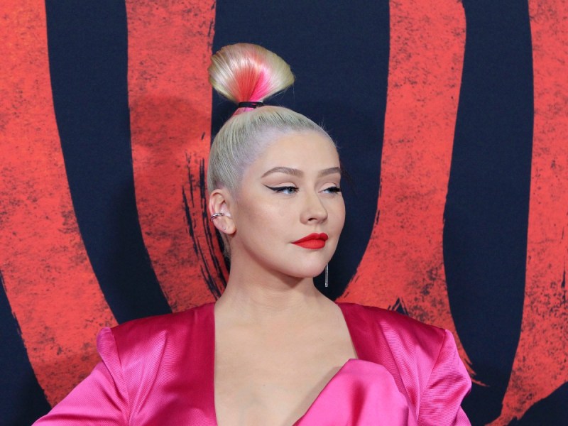 Christina Aguilera poses in magenta top with high bun