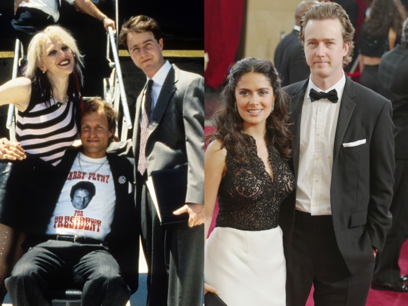 Side by side image (L): Edward Norton with Courtney Love, R: Edward Norton with Salma Hayek