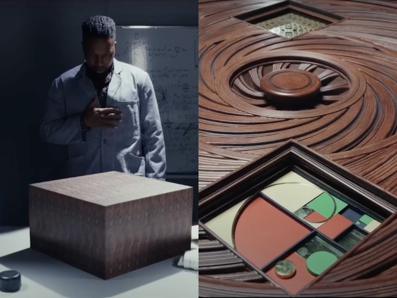 side by side screenshots from Glass Onion showing Leslie Odom looking at a large wooden box on a table and a closeup of a colorful puzzle inside the box