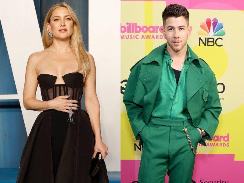 Side by side images of Kate Hudson (L) in black dress and Nick Jonas (R) in green suit set