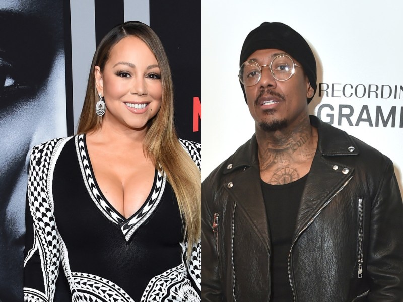 side by side photos of Mariah Carey smiling in a black and white dress and Nick Cannon in a black leather jacket and top