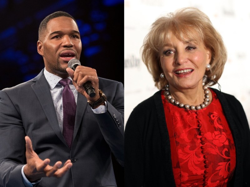 Split image (L): Michael Strahan in suit and tie and Barbara Walters in red top