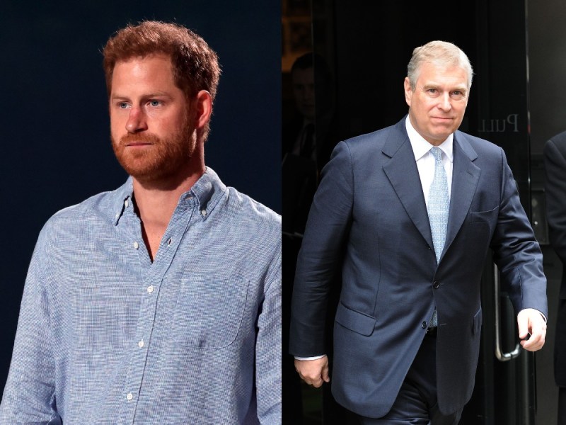Side by side image of Prince Harry (L) and Prince Andrew, both looking somber