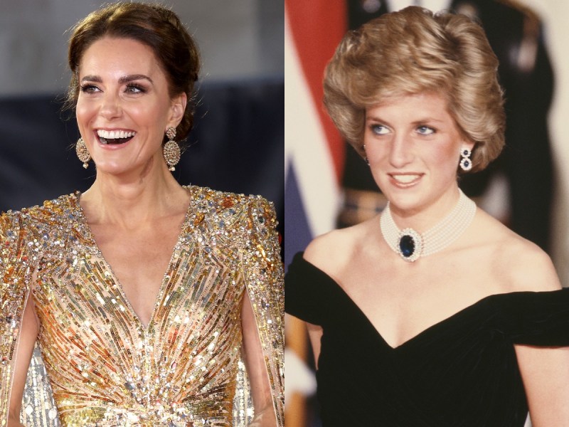 Split image (L): Kate Middleton in gold dress (R): Princess Diana in black dress