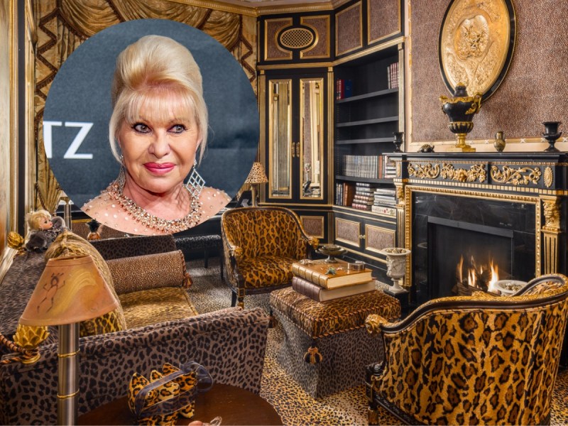 circle cutout of a photo of Ivana Trump smiling over a photo of her apartment's leopard-print office