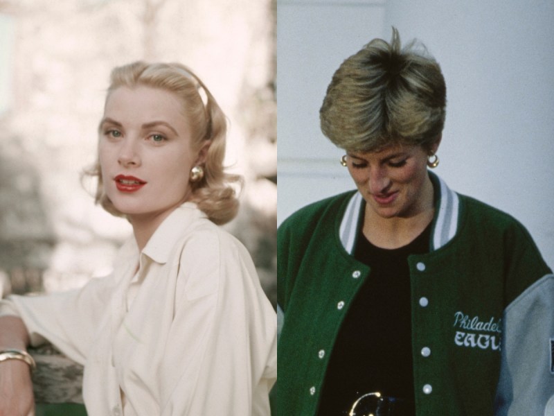 side by side photos of Grace Kelly and Princess Diana in her Eagles jacket