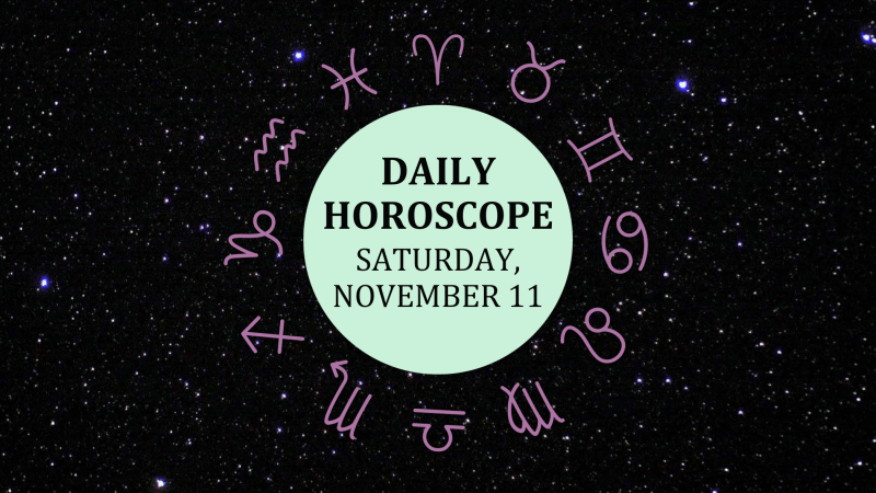 Zodiac wheel with text in the middle: "Daily Horoscope: Saturday, November 11"