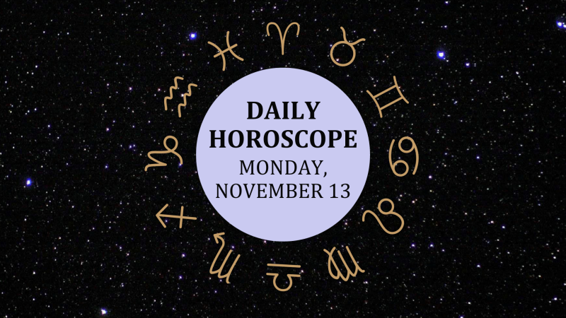 Zodiac wheel with text in the middle: "Daily Horoscope: Monday, November 13"