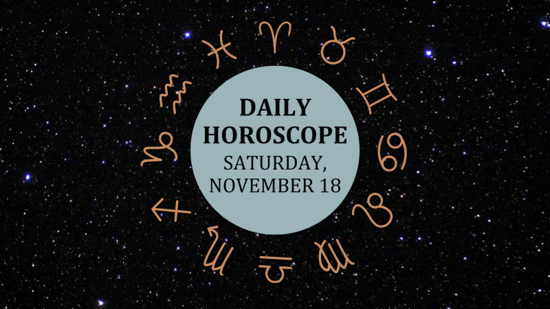 Zodiac wheel with text in the middle: "Daily Horoscope: Saturday, November 18"