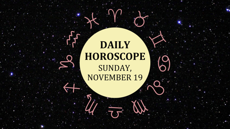 Zodiac wheel with text in the middle: "Daily Horoscope: Sunday, November 19"