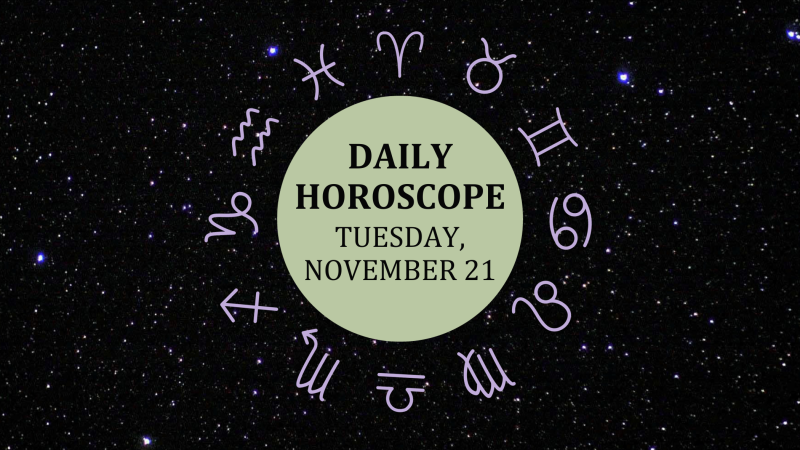 Zodiac wheel with text in the middle: "Daily Horoscope: Tuesday, November 21"
