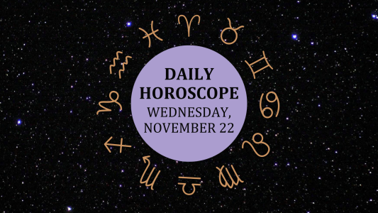 Zodiac wheel with text in the middle: "Daily Horoscope: Wednesday, November 22"