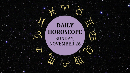 Zodiac wheel with text in the middle: "Daily Horoscope: Sunday, November 26"