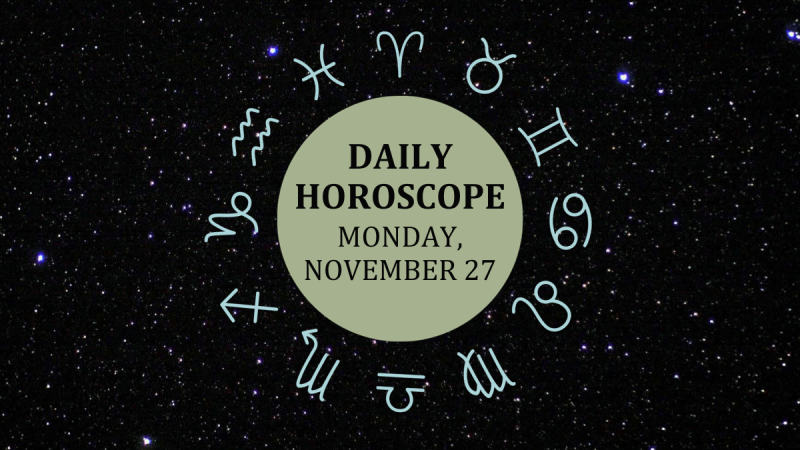 Zodiac wheel with text in the middle: "Daily Horoscope: Monday, November 27"