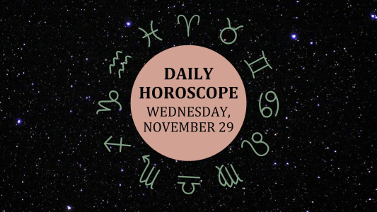 Zodiac wheel with text in the middle: "Daily Horoscope: Wednesday, November 29"