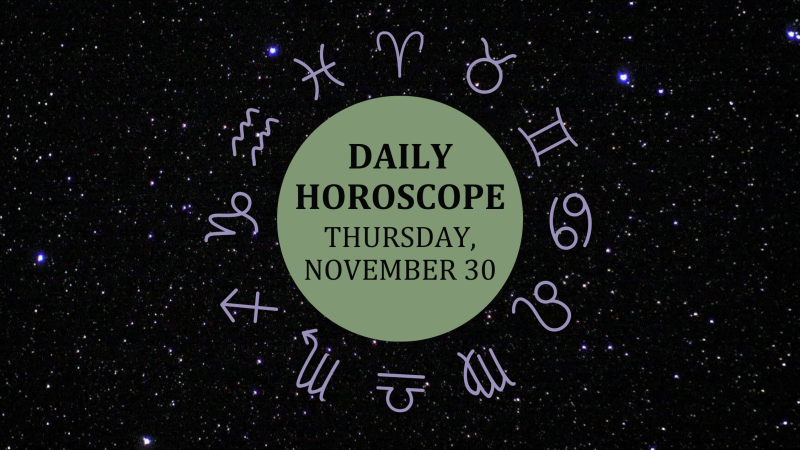 Zodiac wheel with text in the middle: "Daily Horoscope: Thursday, November 30"