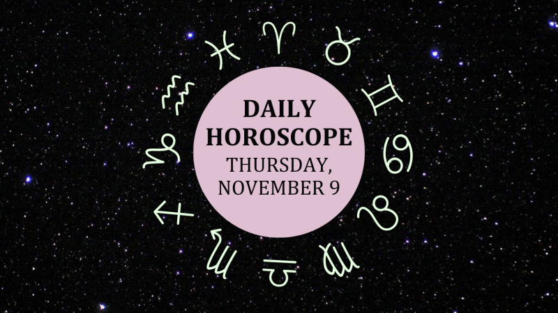 Zodiac wheel with text in the middle: "Daily Horoscope: Thursday, November 9"