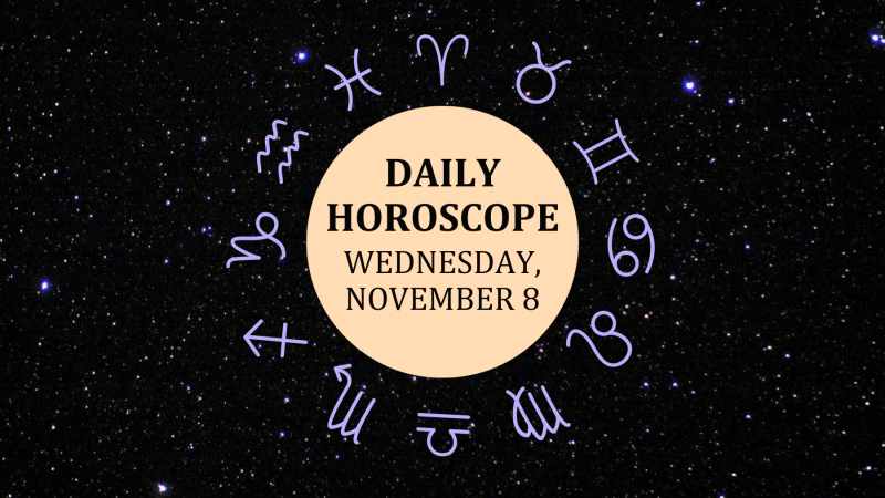 Zodiac wheel with text in the middle: "Daily Horoscope: Wednesday, November 8"