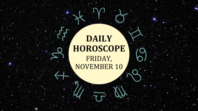 Zodiac wheel with text in the middle: "Daily Horoscope: Friday, November 10"