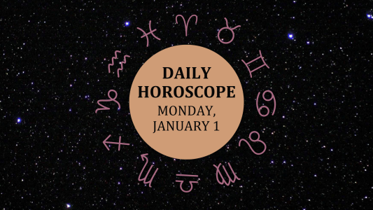 Zodiac wheel with text in the middle: "Daily Horoscope: Monday, January 1"