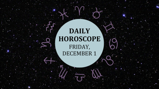 Zodiac wheel with text in the middle: "Daily Horoscope: Friday, December 1"