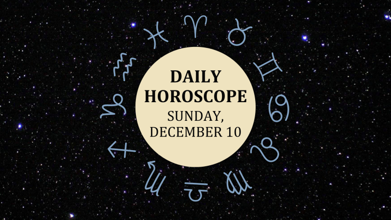 Zodiac wheel with text in the middle: "Daily Horoscope: Sunday, December 10"