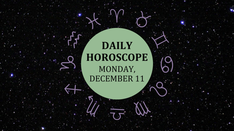 Zodiac wheel with text in the middle: "Daily Horoscope: Monday, December 11"