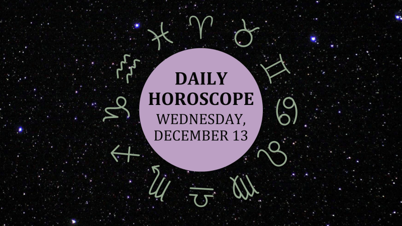 Zodiac wheel with text in the middle: "Daily Horoscope: Wednesday, December 13"