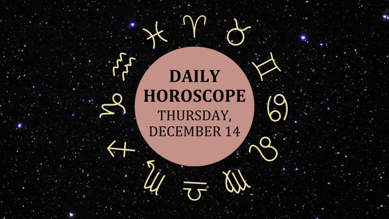 Zodiac wheel with text in the middle: "Daily Horoscope: Thursday, December 14"