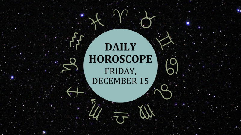 Zodiac wheel with text in the middle: "Daily Horoscope: Friday, December 15"